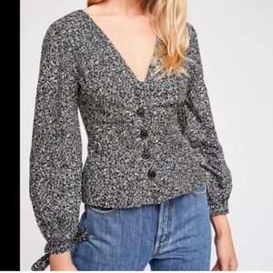 Free People Black Floral Button-Up Blouse